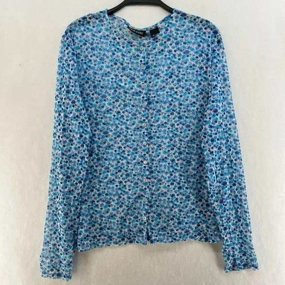 New York & Company Tops - New York & Company Blouse Womens XL Blue Floral Button-Up Round Neck Long Sleeve